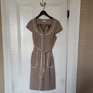 Sandra Darren Taupe Midi Dress with White Accents
